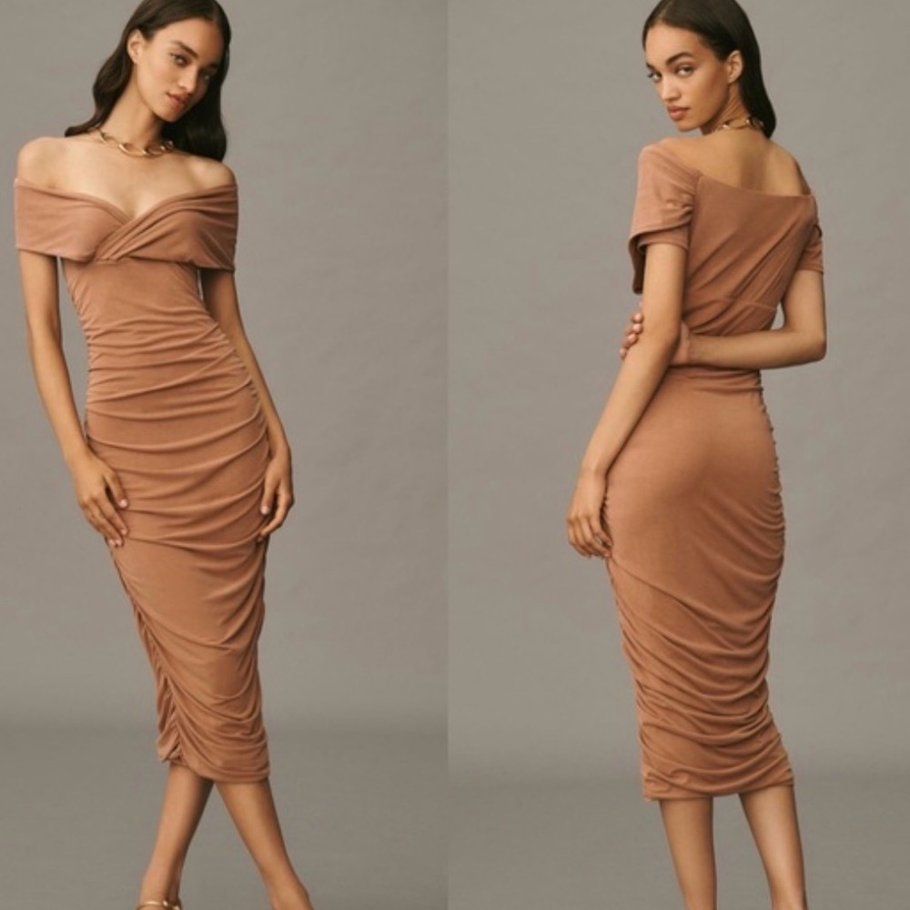 By Anthropologie Off-The-Shoulder Ruched Slim Midi Dress Copper RRP £148 Sz M